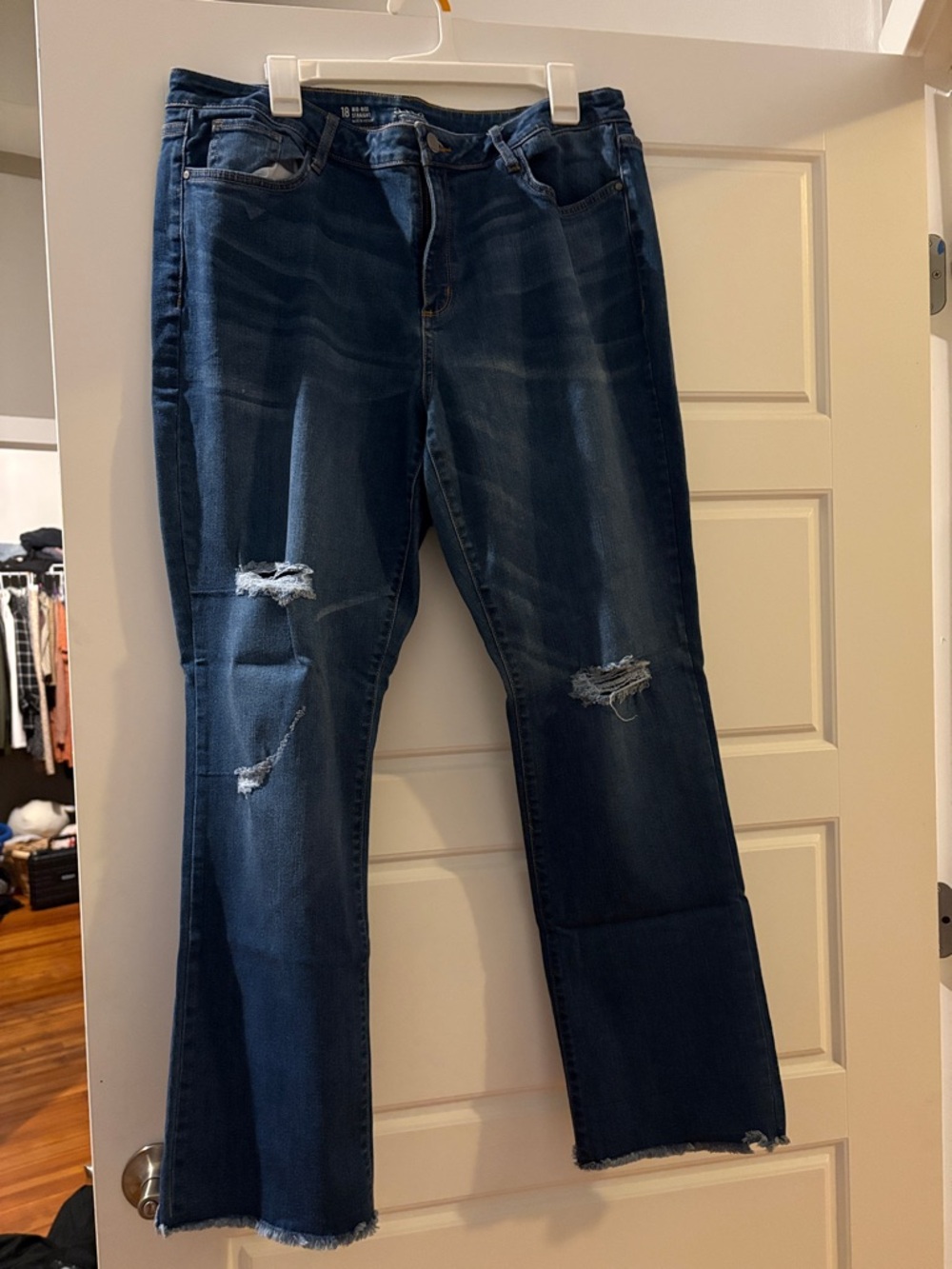 a.n.a Dark Blue Flare Jeans with Distressed Knees